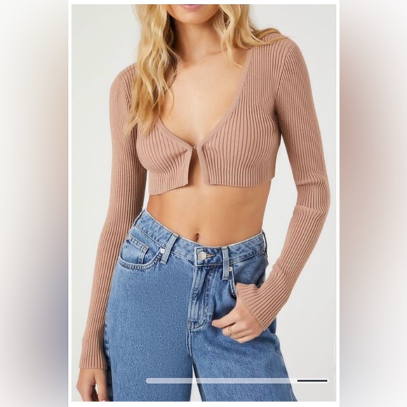 FOREVER21 NWT Beige Sparkly Ribbed Cropped Cardigan Knit Sweater Shrug Shirt S - Picture 4 of 16